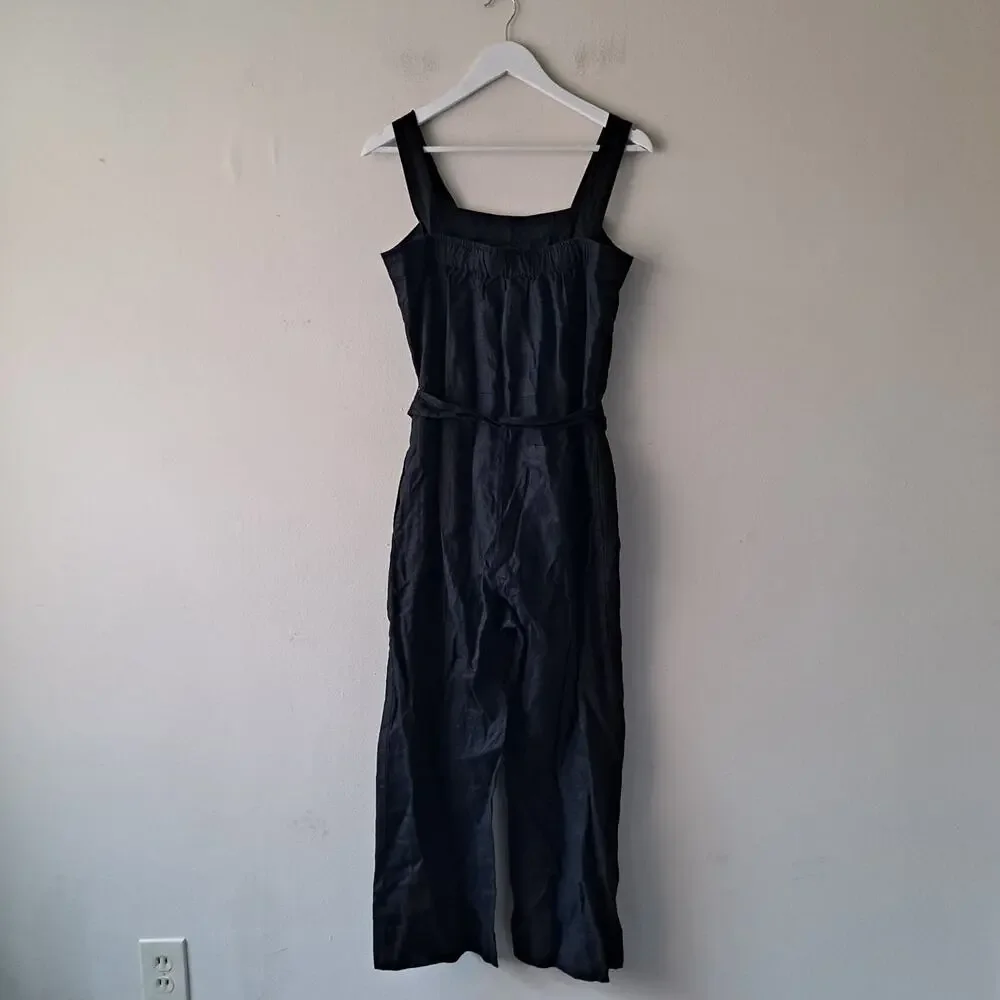 NWT Quince European Linen Square Neck Sleeveless Jumpsuit Black Women's Size S